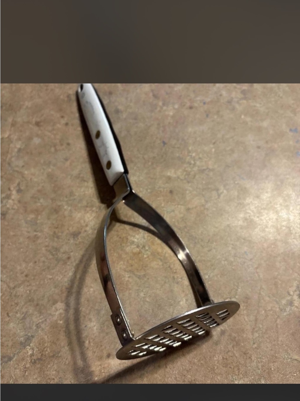 Vintage Stainless Steel Potato Masher with White Handle